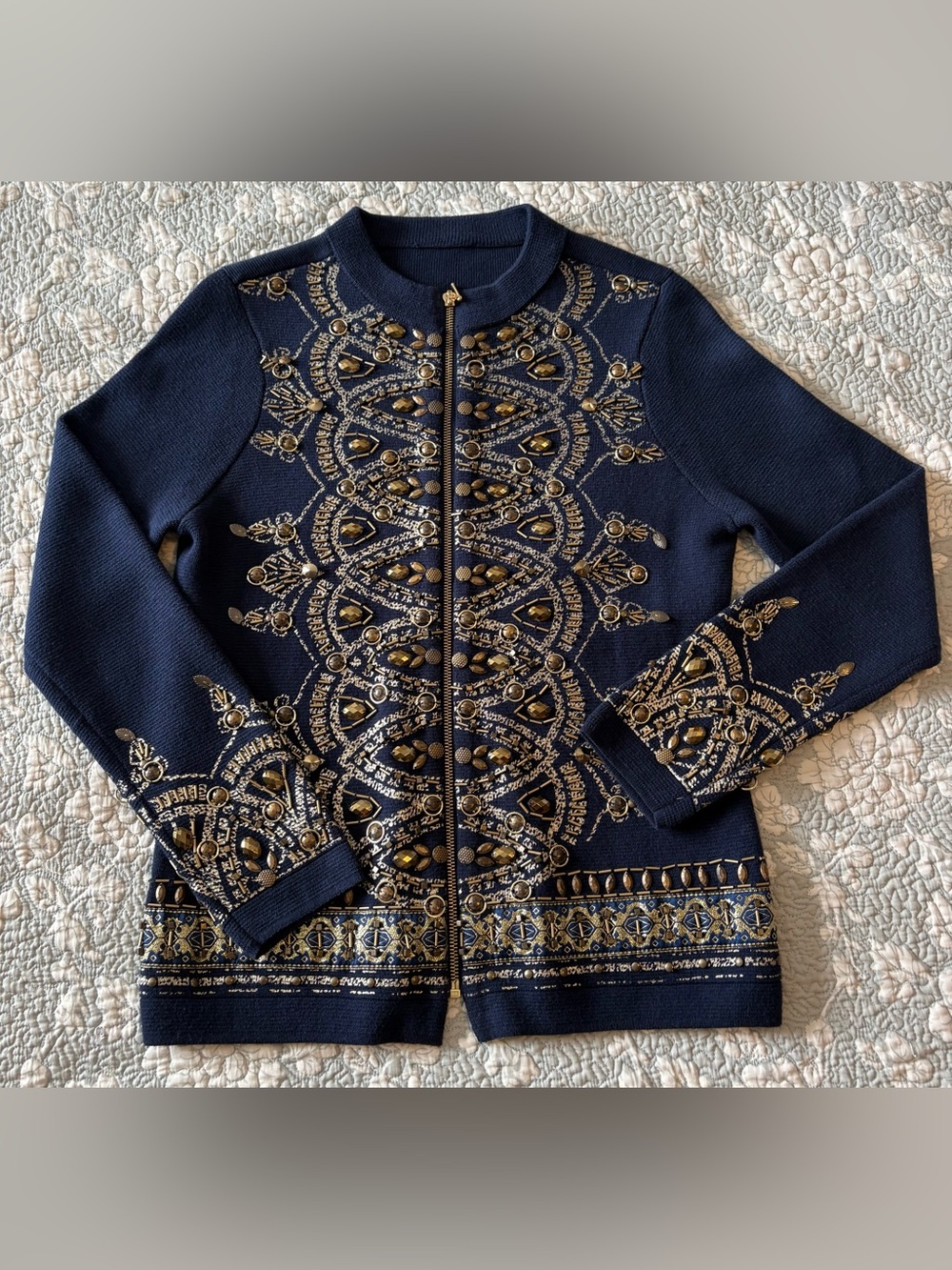 Chico’s Demetria Navy Embellished w Beads & Embroidery Zip-Front Cardigan - Sz.1